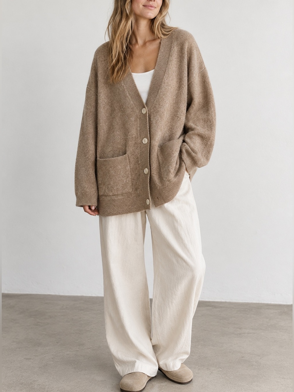 & Other Stories Wool Yak Cardigan M Tan Oversized Grandpa Scandi Minimalist